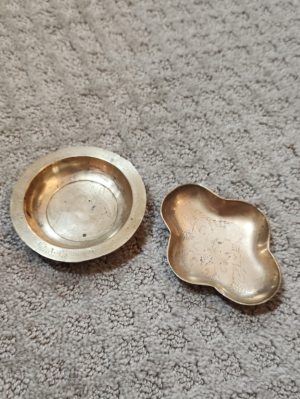 Vintage Bundle Of Two Small Decorative Brass Trinket Dish - Floral Etching